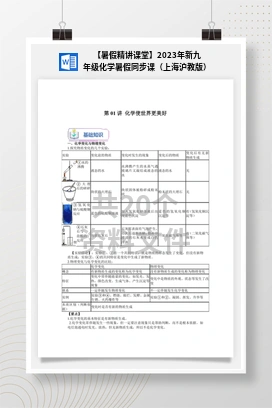 【暑假精讲课堂】2023年新九年级化学暑假同步课（上海沪教版）