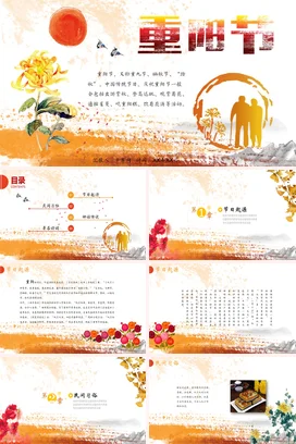 橙色古风小清新中小学重阳节传统文化介绍菊花登高精美PPT课件