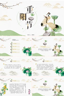 米色古风小清新手绘中小学重阳节文化介绍传统文化鹤荷花PPT课件