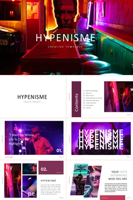 紫色炫酷赛博个人HYPENISME 创意模板酒吧新品发布PPT模板